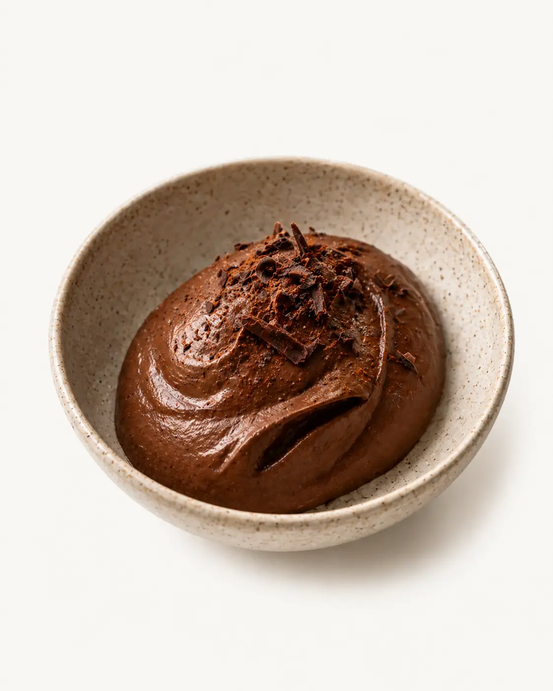 Dark chocolate mousse topped with chocolate shavings