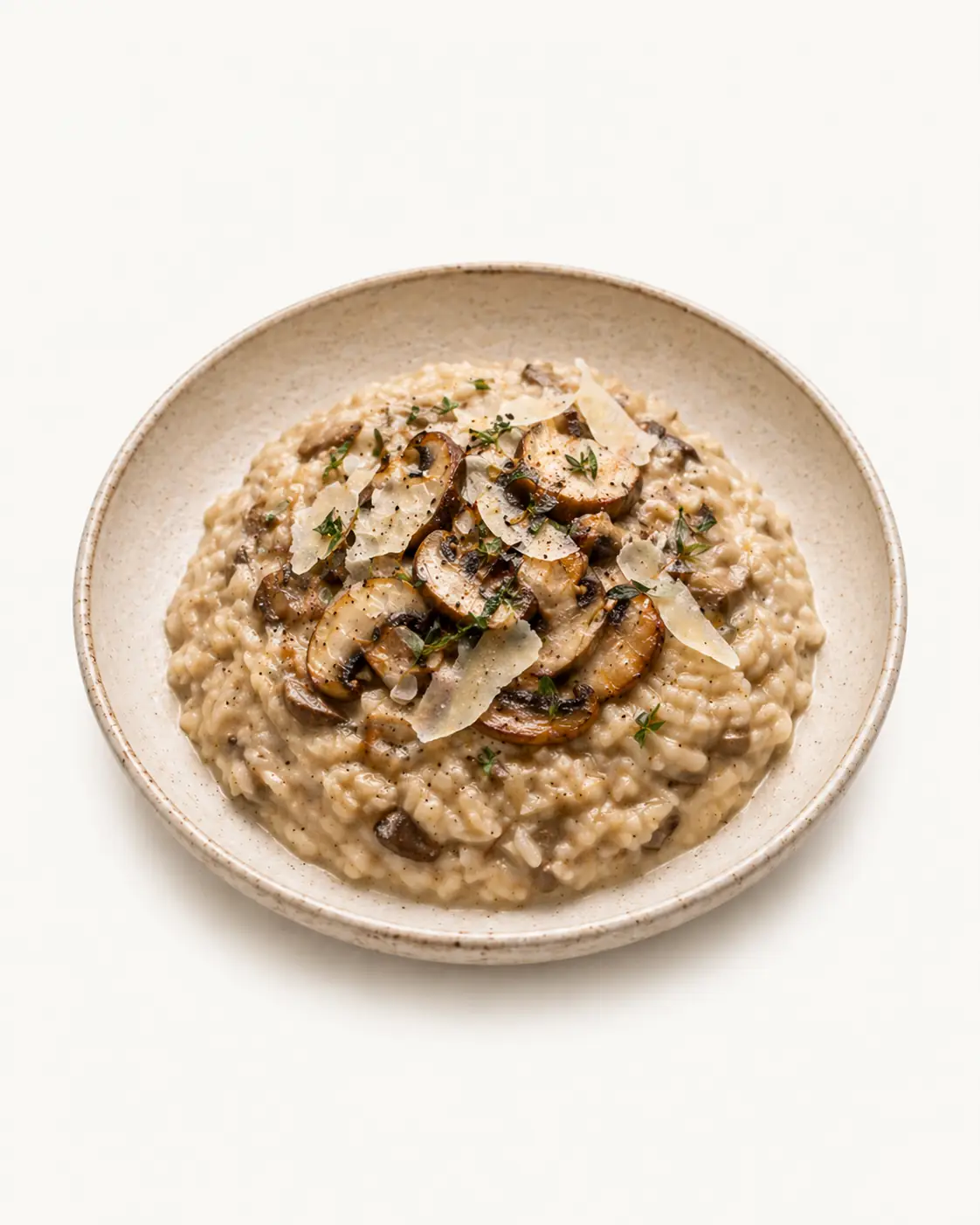 Mushroom risotto with shaved cheese and thyme